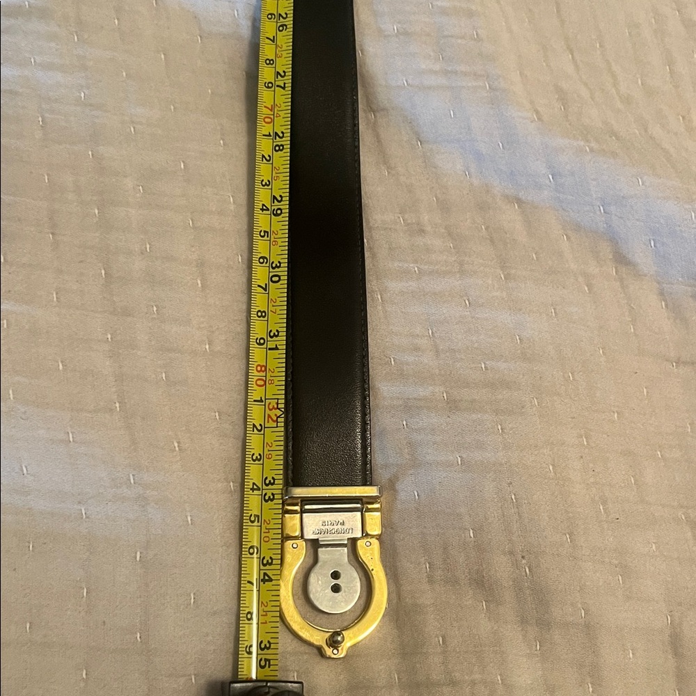 Unisex Longchamp black leather belt with silver and gold buckle detail. - Picture 4 of 4